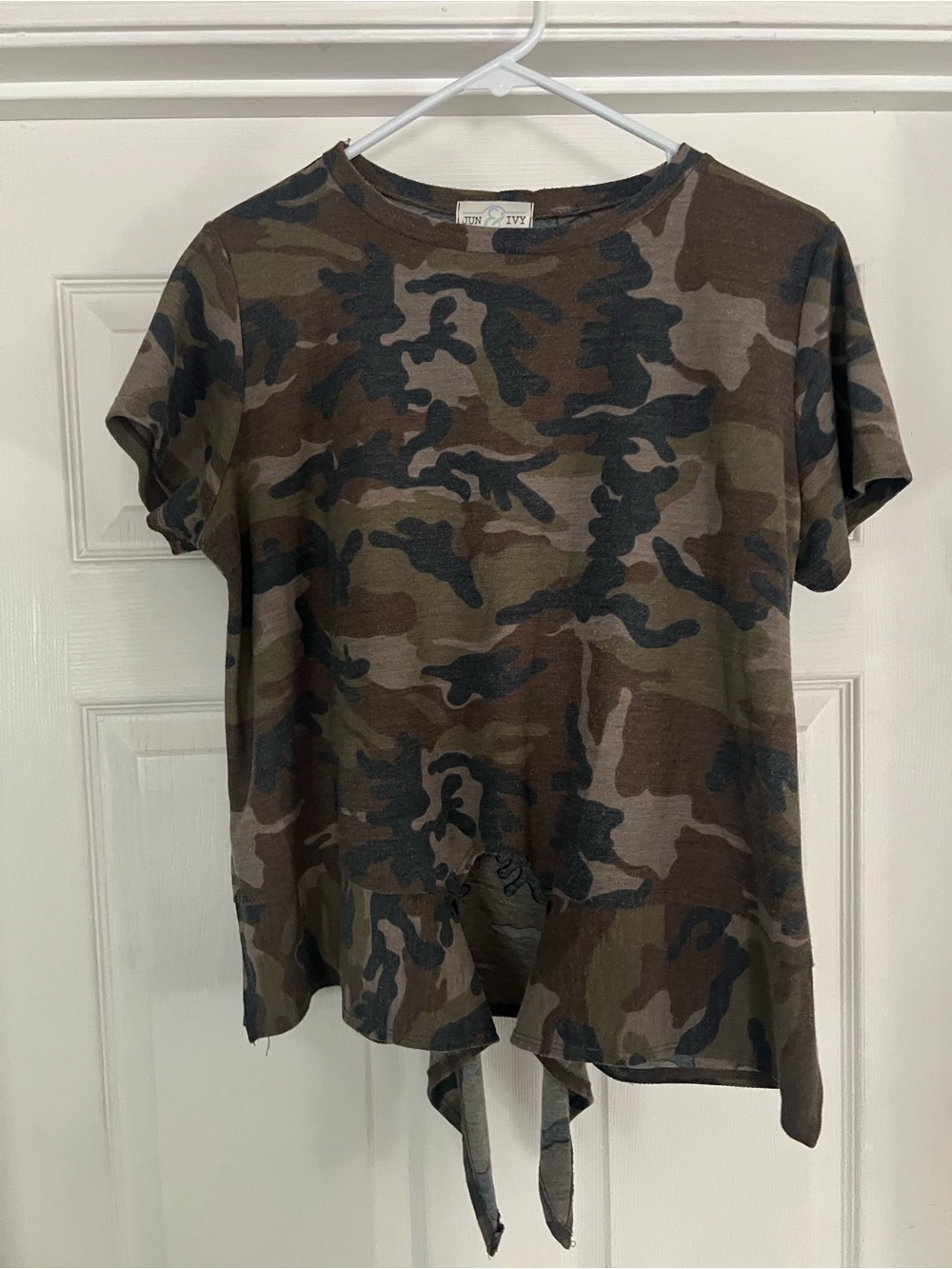 Tie-Front Camo Short Sleeve Top - Women